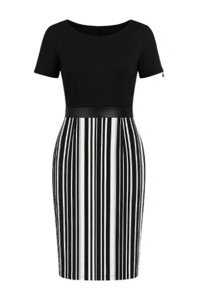 Conquista Women's Black Stripe Detail Straight Dress With Zip & Pleather Detail