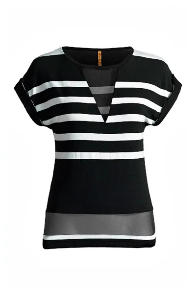 Conquista Women's Black Striped Top With Sheer Detail