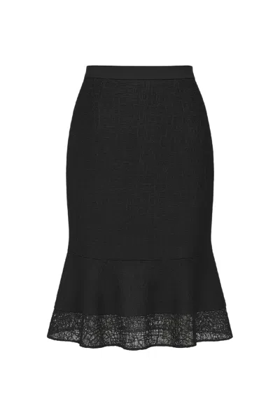 Conquista Women's Black Textured Pencil Skirt With Lace Flounce Hem