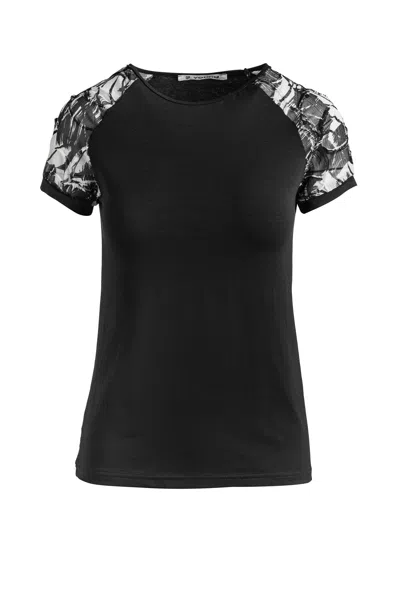 Conquista Women's Black Top With Net Jacquard Sleeves In Stretch Jersey Sustainable Fabric