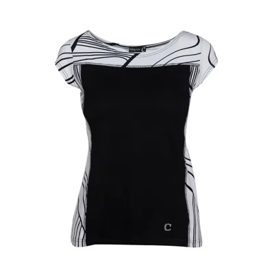 Conquista Women's Black Two-tone Cap Sleeve Print Top