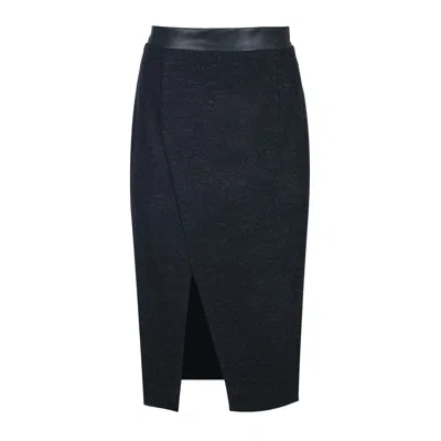 Conquista Women's Black Wool Pencil Skirt With Faux Leather Waistband – Front Slit