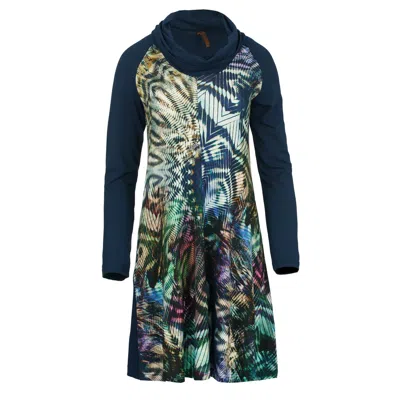 Conquista Women's Blue A Line Turtle Neck Dress In Print & Solid Colour Stretch Jersey Fabric