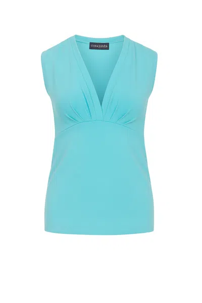 Conquista Women's Blue Aqua Sleeveless V-neck Jersey Top – Stretch Cotton-blend Fabric