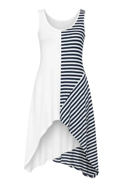 Conquista Women's Blue Asymmetrical Stripe Detail Tunic Navy