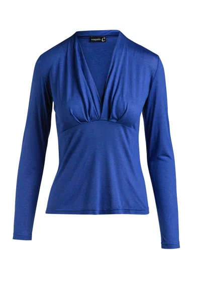 Conquista Women's Blue Cashmere Blend Long Sleeve Faux Wrap Top In Stretch Jersey Sustainable Fabric