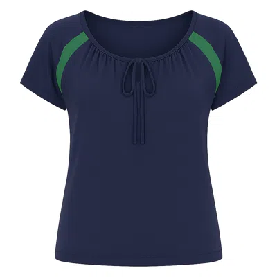 Conquista Women's Blue  Navy Contrast Panel Tie-detail Top With Short Sleeves