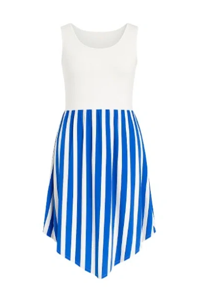 Conquista Women's Blue Contrast Fabric Sleeveless Striped Dress
