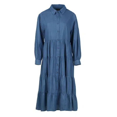 Conquista Women's Blue Cotton Denim Long Sleeve Tiered Dress With Buttons