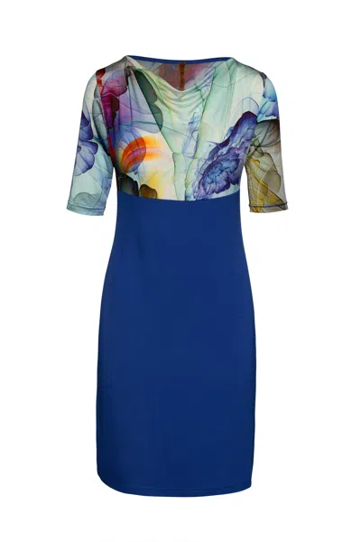 Conquista Women's Blue Cowl Neck Print Detail Dress
