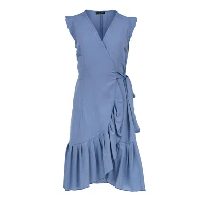 Conquista Women's Blue Denim Sleeveless Ruffled Wrap Dress In Tencel Poplin