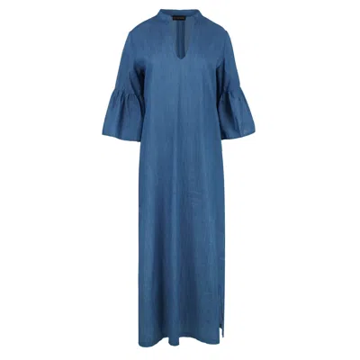 Conquista Women's Blue Denim Style Kaftan With Ruffle Detail