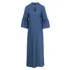 Conquista Women's Blue Denim Style Kaftan With Ruffle Detail In Viscose-satin Fabric In Blue