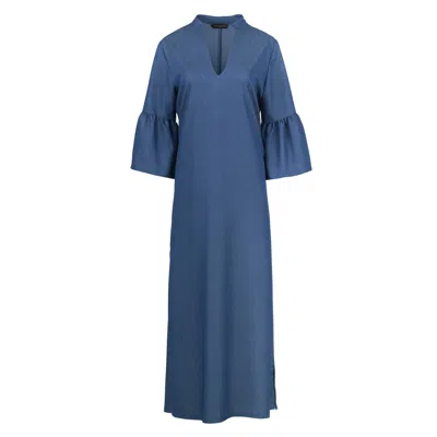 Conquista Women's Blue Denim Style Kaftan With Ruffle Detail In Viscose-satin Fabric