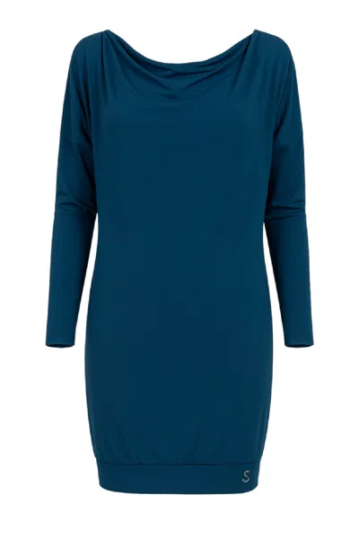 Conquista Women's Blue Draped Boat-neck Jersey Dress In Deep Teal