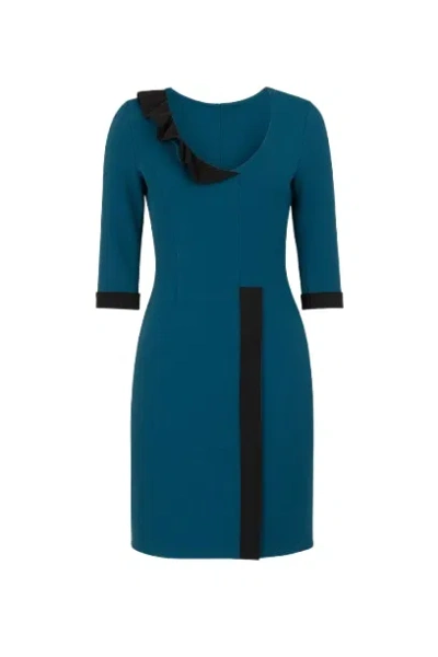 Conquista Women's Blue Elbow Sleeve Two Tone Felt Dress With Frill & Trim Detail