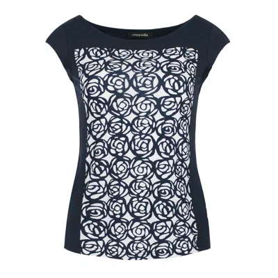 Conquista Women's Blue Elegant Floral Patterned Fitted Cap Sleeve Top