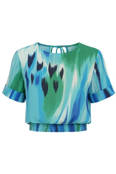 Conquista Women's Blue Elegant Printed Net Top With Open Back & Tie Detail