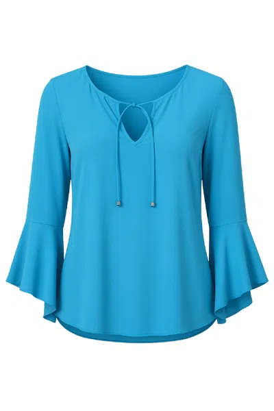 Conquista Women's Blue Elegant Turquoise Blouse With Tie-neck Detail & Flared Sleeves — Sophisticated Style Fo