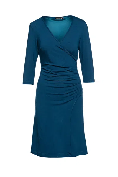 Conquista Women's Blue Faux Wrap Dress In Sustainable Fabric Dark Petrol Color