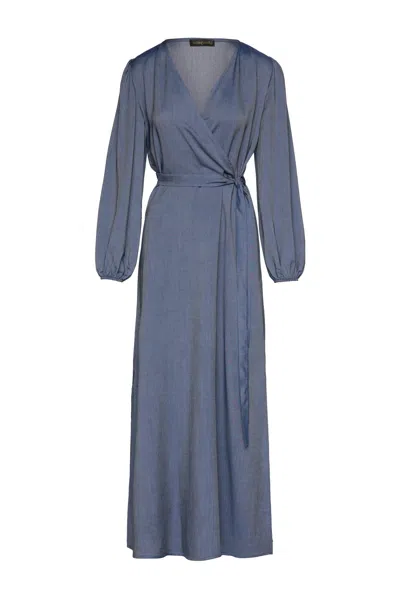 Conquista Women's Blue Faux Wrap Maxi Dress With Side Slits