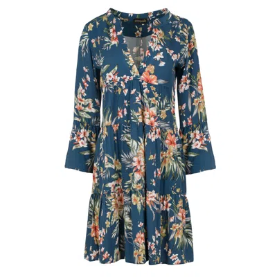 Conquista Women's Blue Floral A Line Dress With Bell Sleeves