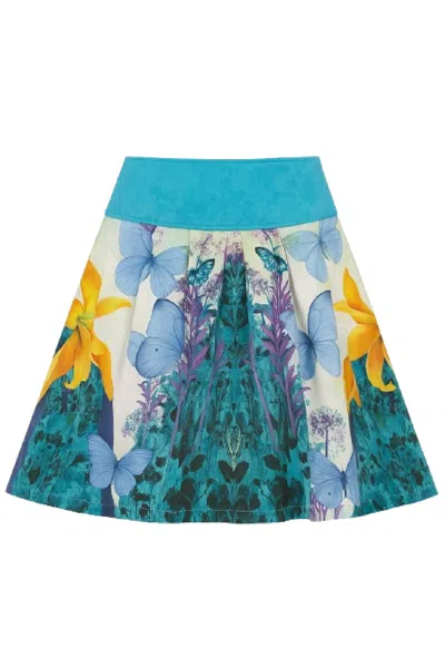 Conquista Women's Blue Floral & Butterfly Print A-line Skirt With Turquoise Waistband