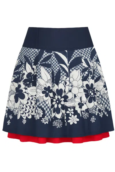 Conquista Women's Blue Floral Navy Skirt With Red Underskirt & Denim Waist – Cotton Poplin In Multi