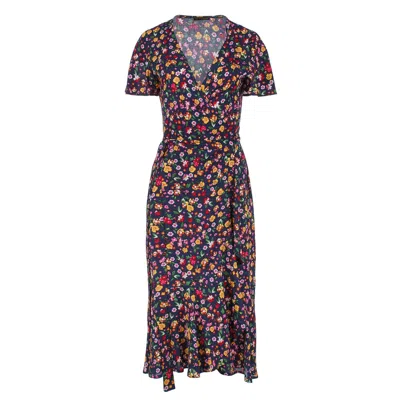 Conquista Women's Blue Floral Ruffle Detail Wrap Dress