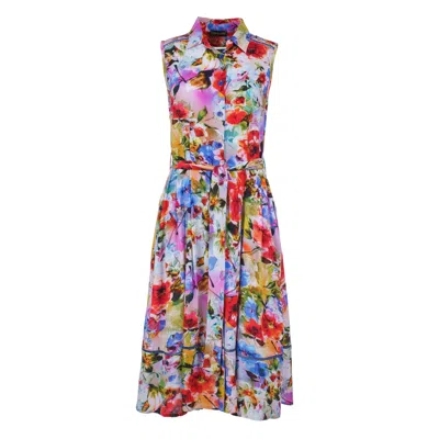 Conquista Women's Blue Floral Sleeveless Dress With Belt