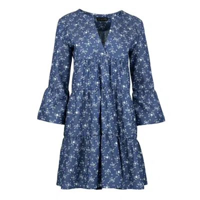 Conquista Women's Blue Indigo Floral A Line Dress With Bell Sleeves