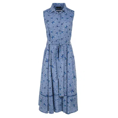 Conquista Women's Blue Indigo Floral Button Detail Dress