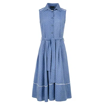 Conquista Women's Blue Indigo Polka Dot Button Detail Dress