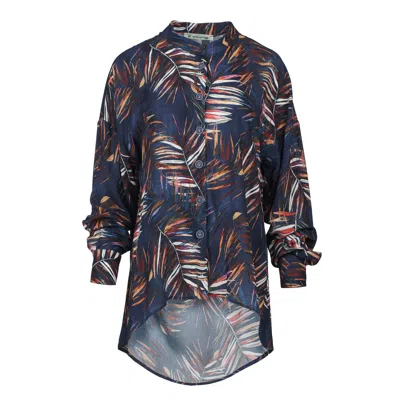 Conquista Women's Blue Leaf Print Blouse With Mandarin Collar
