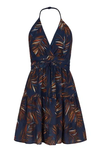 Conquista Women's Blue Leaf Print Empire Line Mini Dress In Brown