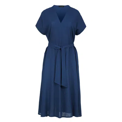 Conquista Women's Blue Linen Style Belted Midi Dress