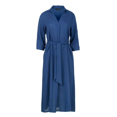 Conquista Women's Blue Linen Style Midi Dress With Belt
