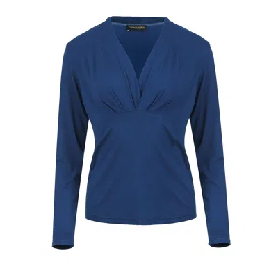 Conquista Women's Blue Long Sleeve Faux Wrap Top In Stretch Jersey Sustainable Fabric