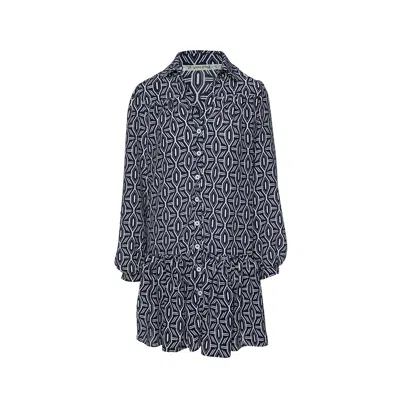 Conquista Women's Blue Navy & White Print Dress With Buttons