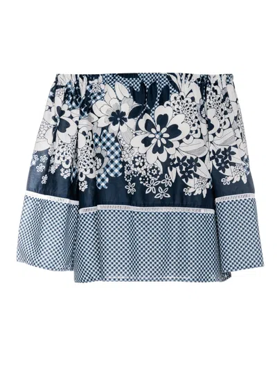 Conquista Women's Blue Off Shoulder Bell Sleeve Print Top