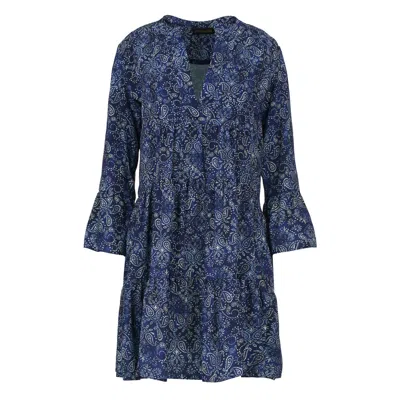 Conquista Women's Blue Paisley A Line Dress With Bell Sleeves