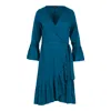 Conquista Women's Blue Petrol Wrap Dress Viscose With Bell Sleeves. In Blue