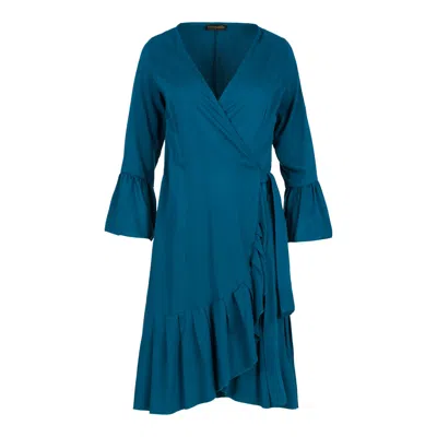 Conquista Women's Blue Petrol Wrap Dress Viscose With Bell Sleeves.