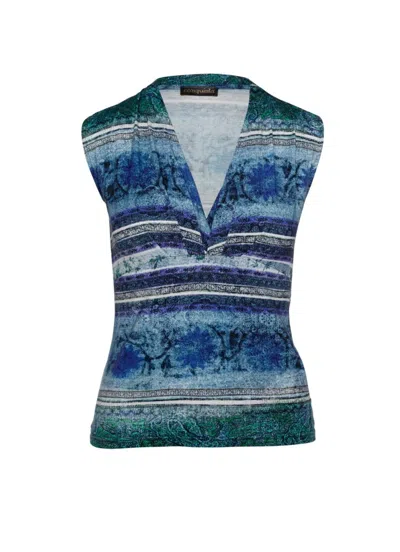 Conquista Women's Blue Print Faux Wrap Sleeveless Top In Petrol