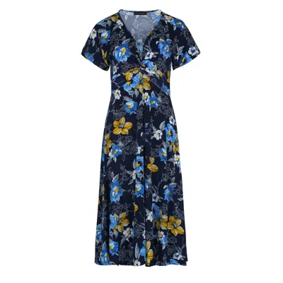 Conquista Women's Blue Print Navy Knot Detail Midi Dress