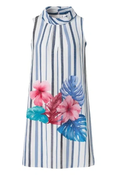 Conquista Women's Blue Print Sleeveless Dress With Upright Collar