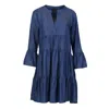 Conquista Women's Blue Satin Denim Gathered Seams Dress In Blue