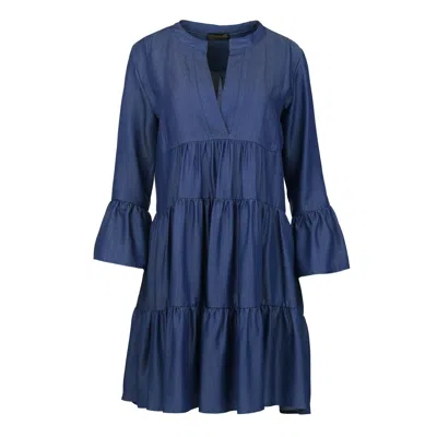 Conquista Women's Blue Satin Denim Gathered Seams Dress