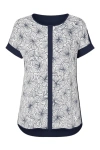 Conquista Women's Blue Short Sleeve Panel Detail Floral Top In Blue