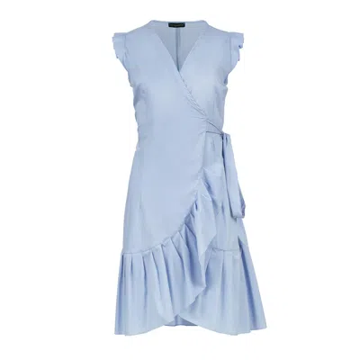 Conquista Women's Blue Sky Sleeveless Ruffled Wrap Dress In Cotton Poplin